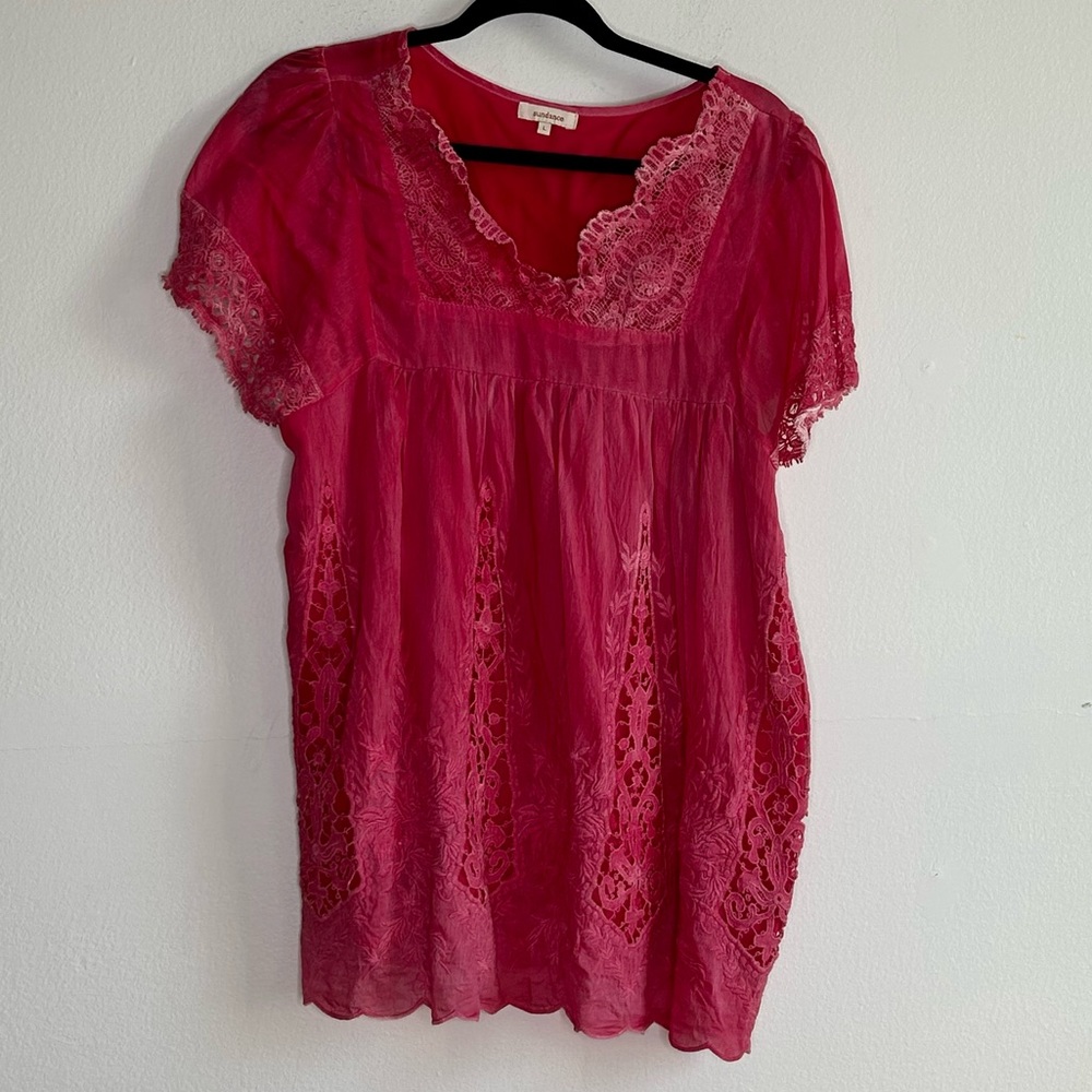 Sundance Silk Cotton Pink Bohemian Lace Blouse